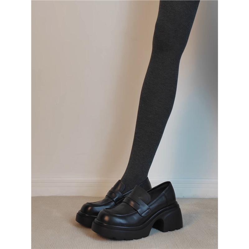 Platform muffin one-pedal loafers women's retro British black versatile small leather shoes single shoes thick heel loafers