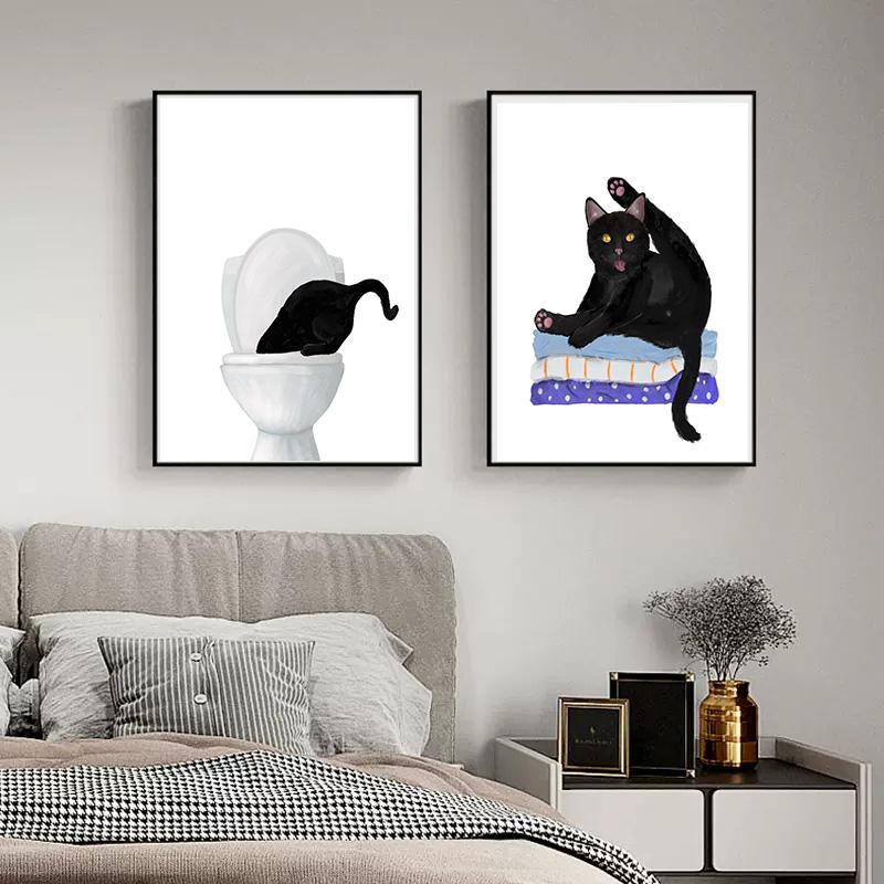 Funny Modern Cute Black Cat In Bath Artwork Posters Decoration Canvas Paintings And Prints For Washroom Toilet Living Room Decor