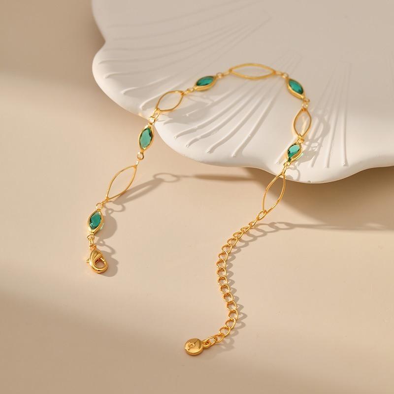Women Gold Plated Green Glass Diamond Hollow Chain Handmade Bracelet