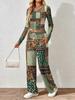 Floral pattern printed women's V-neck long-sleeved trousers set Comfortable casual versatile slim two-piece set