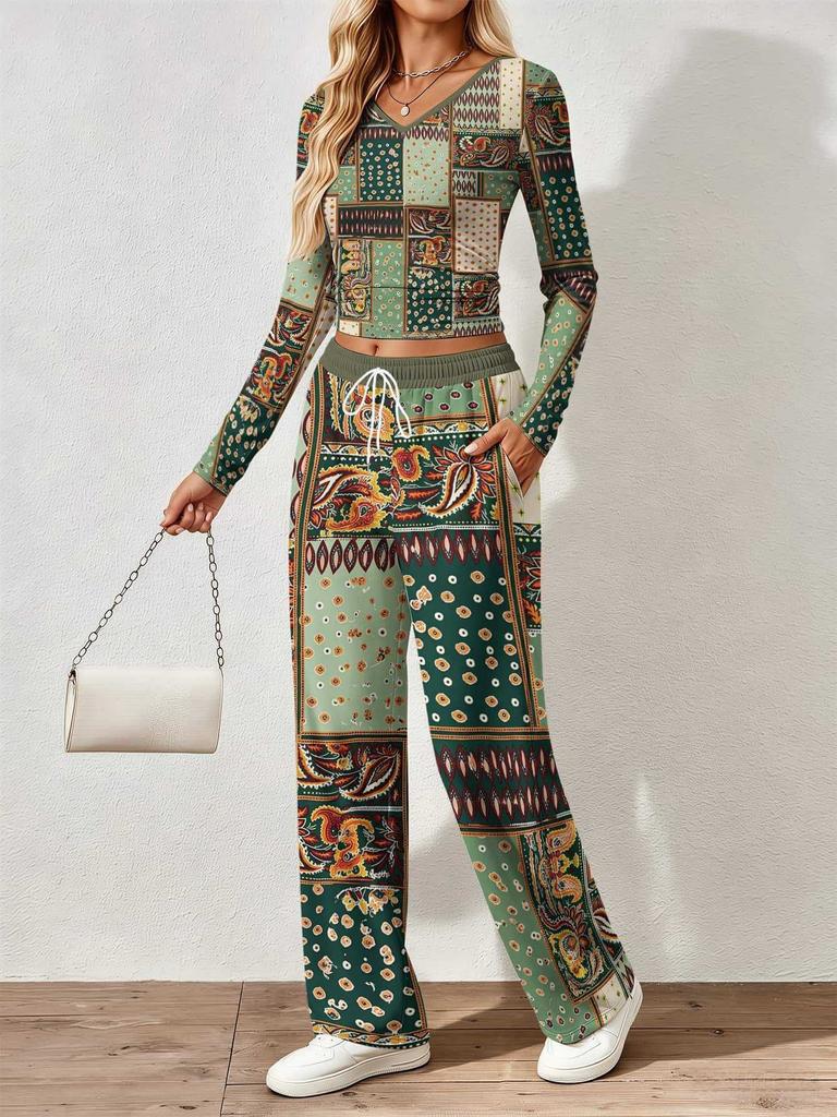 Floral pattern printed women's V-neck long-sleeved trousers set Comfortable casual versatile slim two-piece set