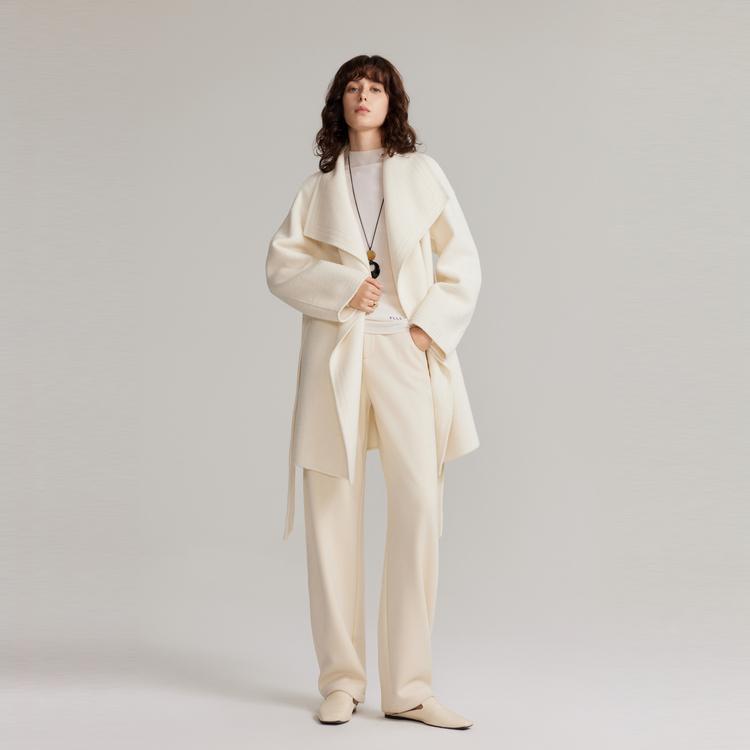 ELLE French Design Lapel Solid Color Tie Shoulder Mid-Length Coat Women coats Beige EN49632