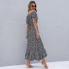 Women Casual Summer Floral High Waist Slash Neck Short Sleeve Irregular Long Dress S-XL