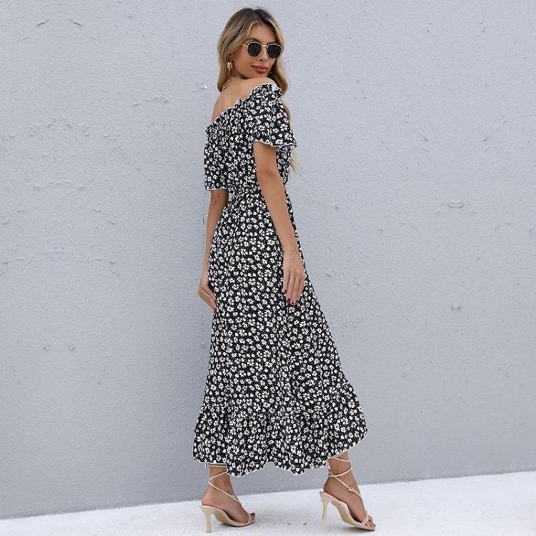 Women Casual Summer Floral High Waist Slash Neck Short Sleeve Irregular Long Dress S-XL