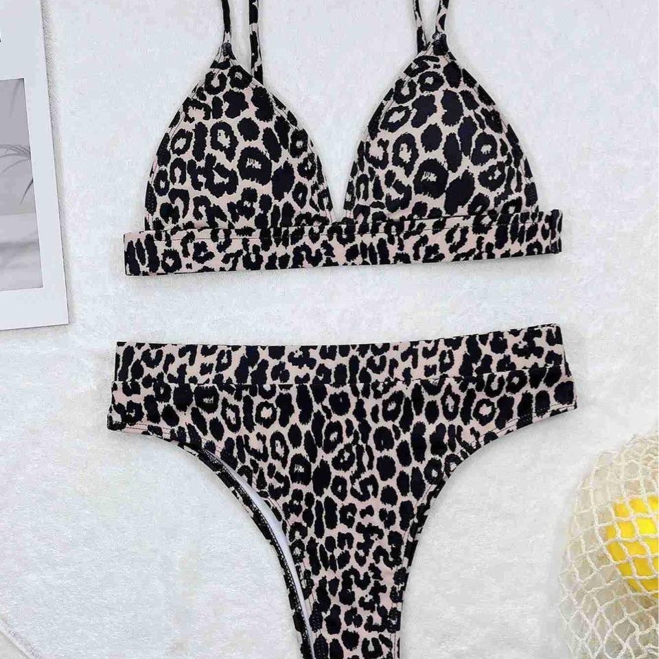 European and American Sexy Leopard Print Bikini Swimsuit Women's Print Backless Tight Split Swimsuit