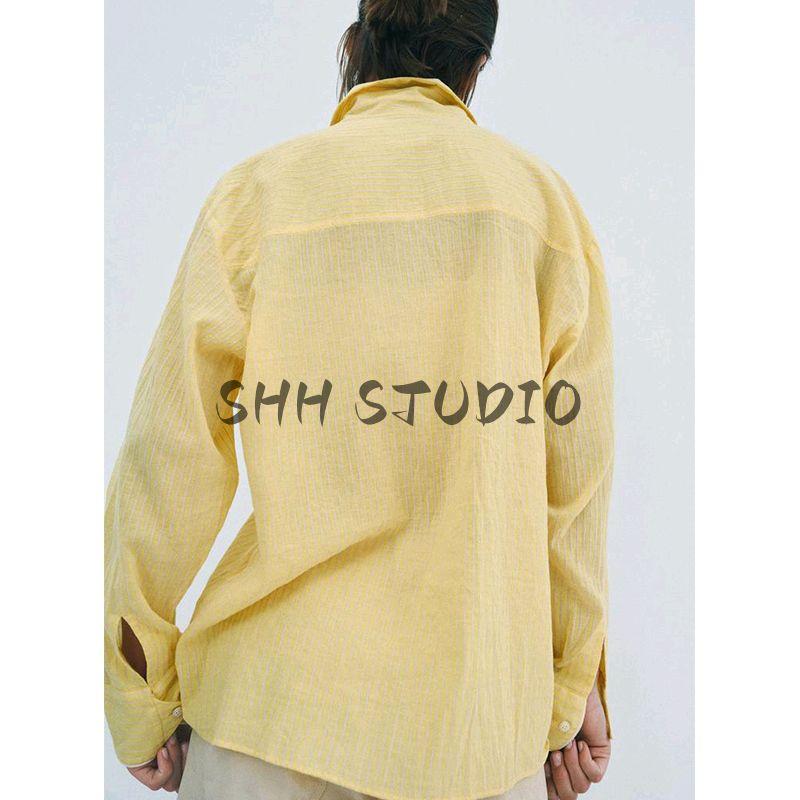 Women's Spring Clothing French Simplicity Style Lapel Cotton Spinning Stripes Ruched Long Sleeve Shirt Top 2803670