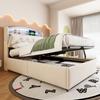 Children's Upholstered Bed 90x200, Velvet Single Bed Multifunctional Bed with Storage with LED and USB Beige