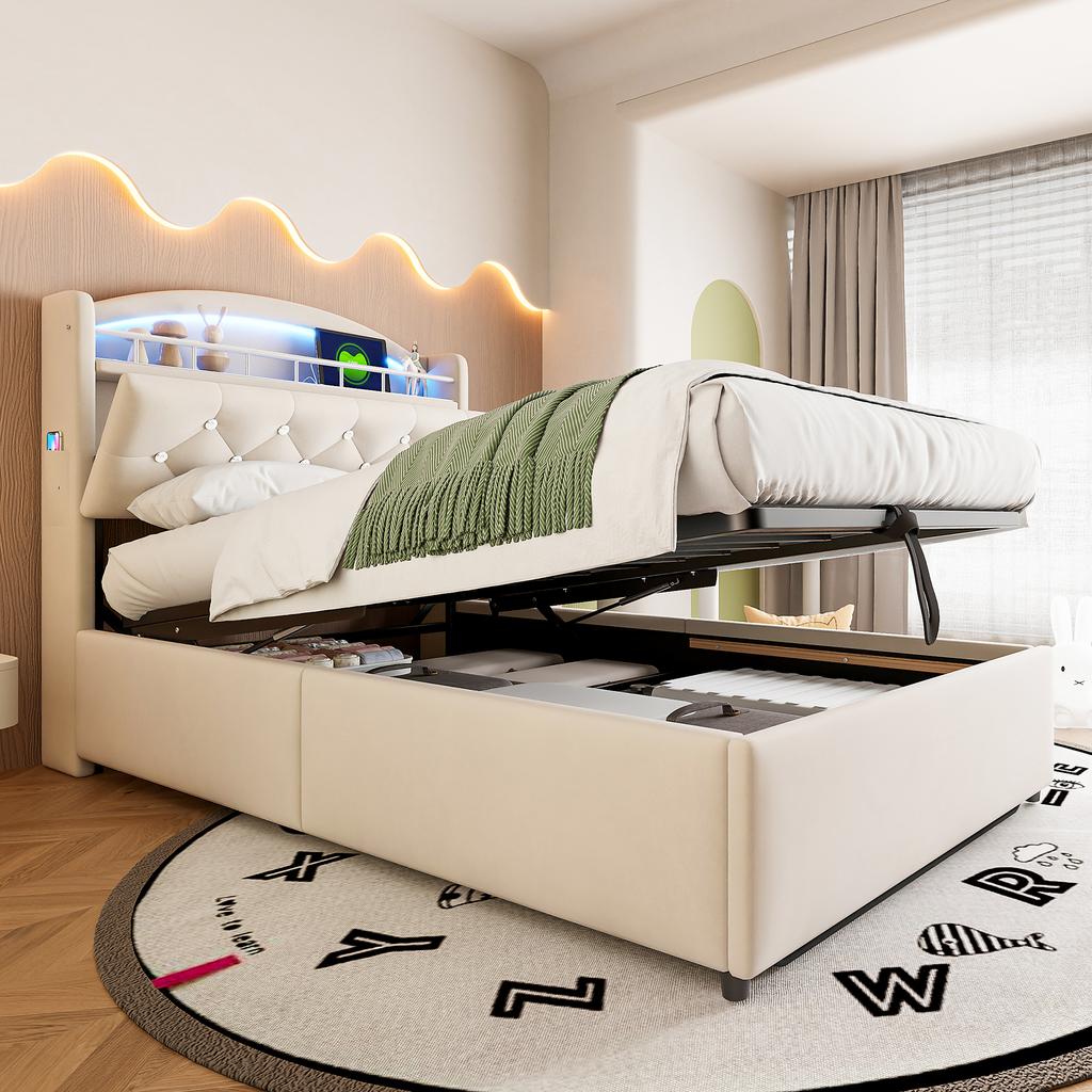 Children's Upholstered Bed 90x200, Velvet Single Bed Multifunctional Bed with Storage with LED and USB Beige