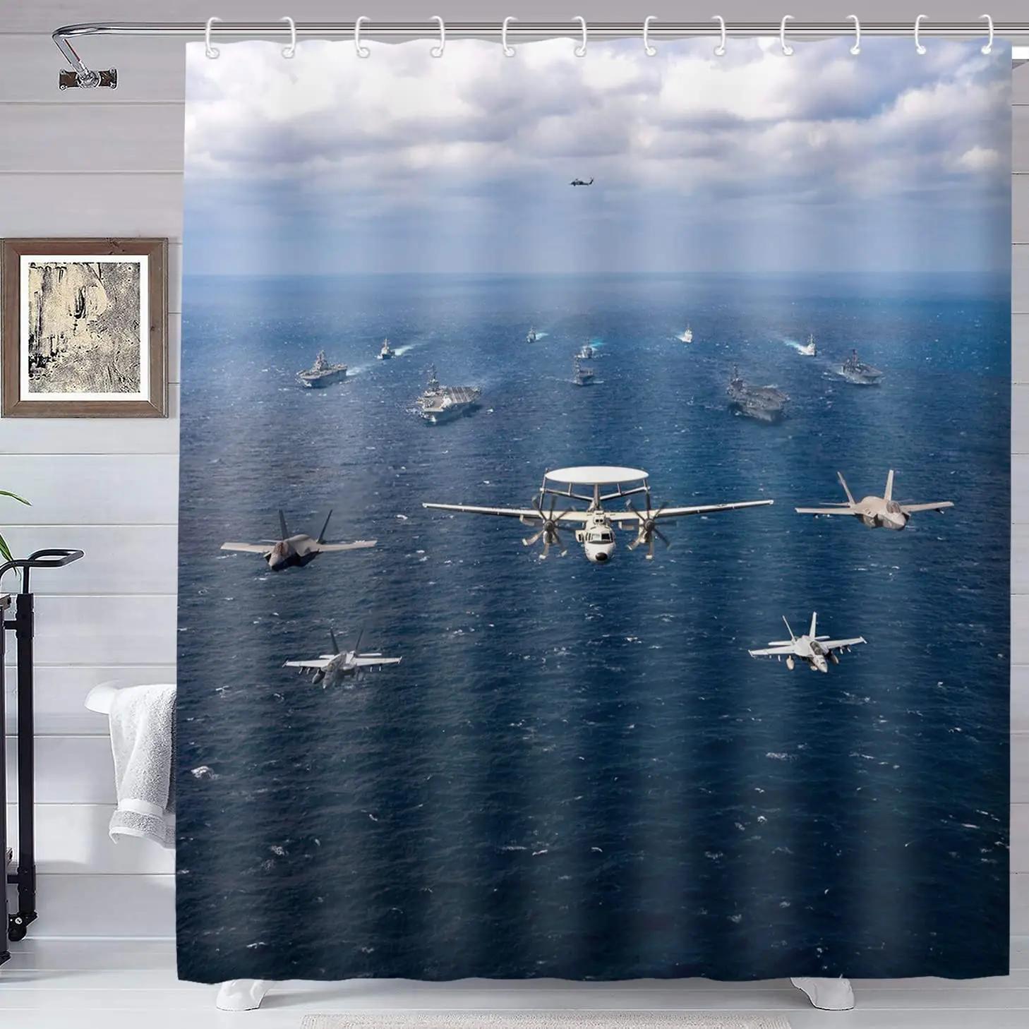 

Warcraft Deck Jet Fighter Shower Curtain for Military Fans Bathroom,Warship Plane Coast Shower Curtain Fabric Bathroom Curtains 90X180cm