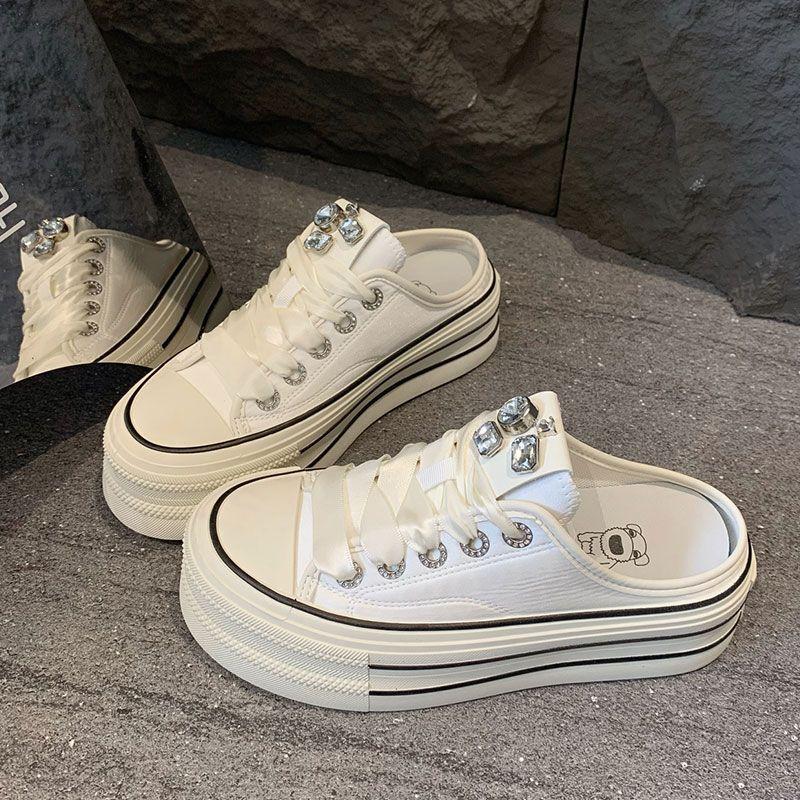 

Туфли на платформе, туфли-бисквиты, ленивые, с одним педалем, со стразами, белые туфли, женская обувь 2025, новые, из мягкой кожи, с закрытым носком, полушлепанцы 40 бежевый