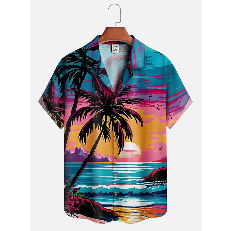 Men's Hawaii Summer Dusk Pattern Casual Shirt 3d Print Beach Funny Short Sleeve Womens Clothes Blouse New Hot Sale Floral