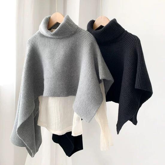 Cloak Scarf Women Solid Color Irregular Cut Cape Thickened Warm Knit Turtleneck Sweater Irregular Design Shawl Wrap