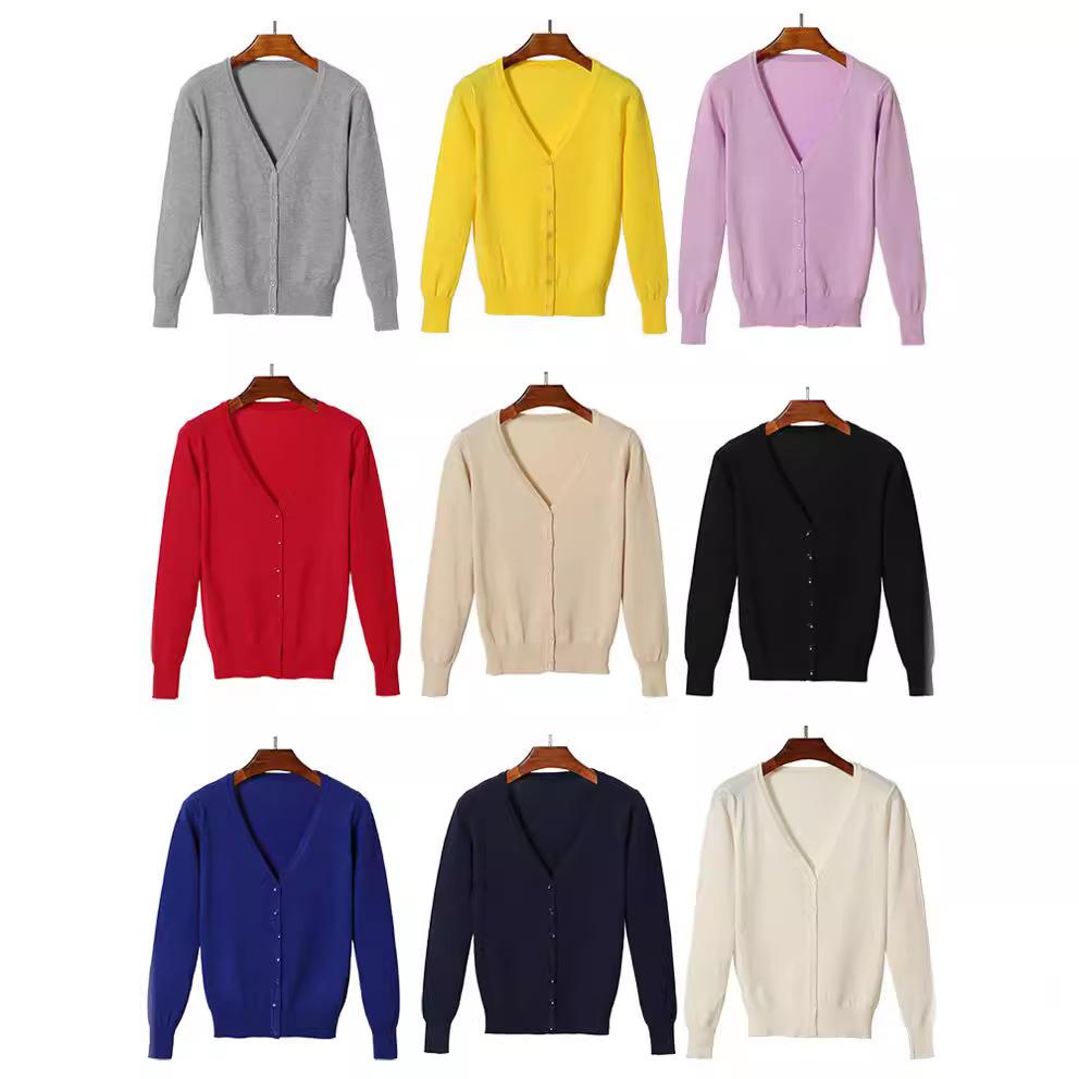Women V Neck Spring Fall Knit Cardigan Solid Color Long Sleeve Cover Up Thin Sweater Plus Size