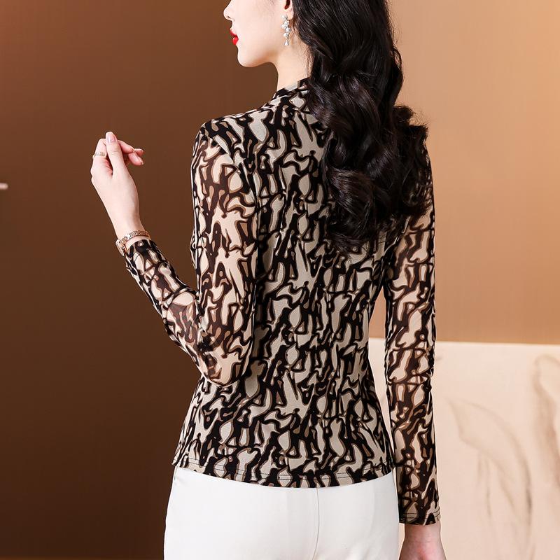 Half Turtleneck Long-sleeved T-shirt for Women In Women's Autumn New Chinese Style Printed Top Slim and Versatile T-shirt