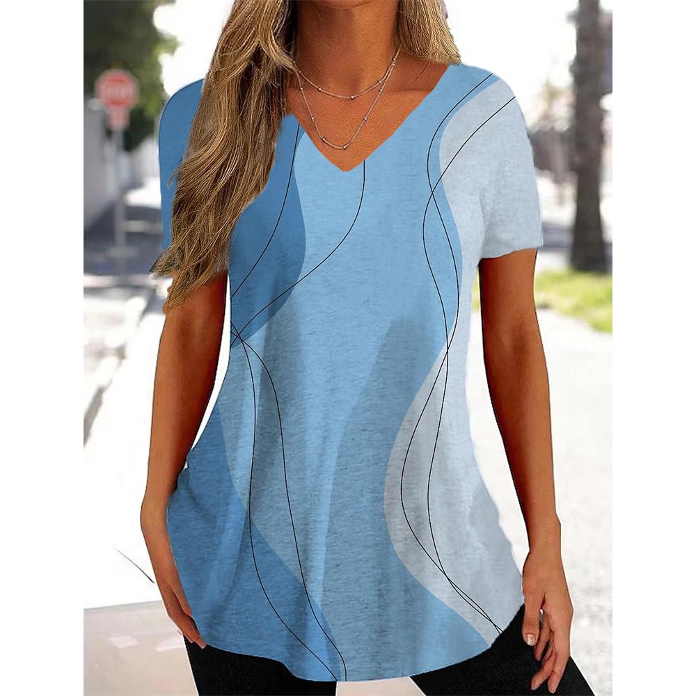 Neues Damen-T-Shirt mit geschwungenem Aufdruck und V-Ausschnitt, modische Streetwear, Damenkleidung, lässig, Sommer, kurzärmelig, Pullover, T-Shirt für Damen