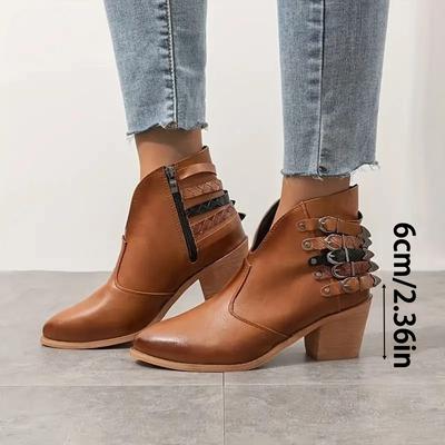 Cool Boots Women'S Short Boots European And Pointed Thick Heel Short Barrel Side Zipper Leather Boots Women Five Belt Large