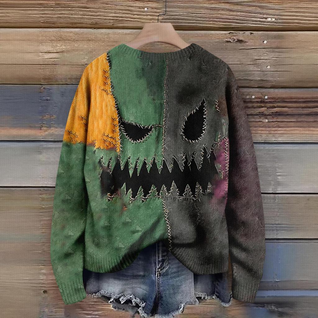 Long Sleeve Pullover Sweaters For Women O Neck Casual Cute Printing Knit Oversized Sweater