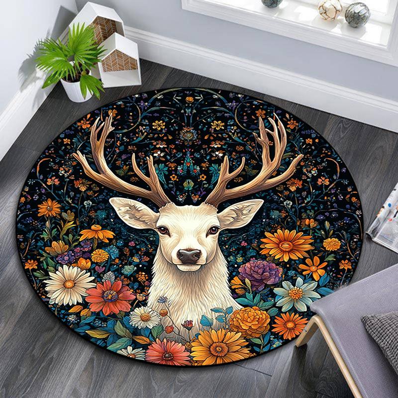 Deer Floral Round Area Rug,Carpet Rug for Living Room Bedroom Sofa Playroom Decor,Non-slip Floor Mat