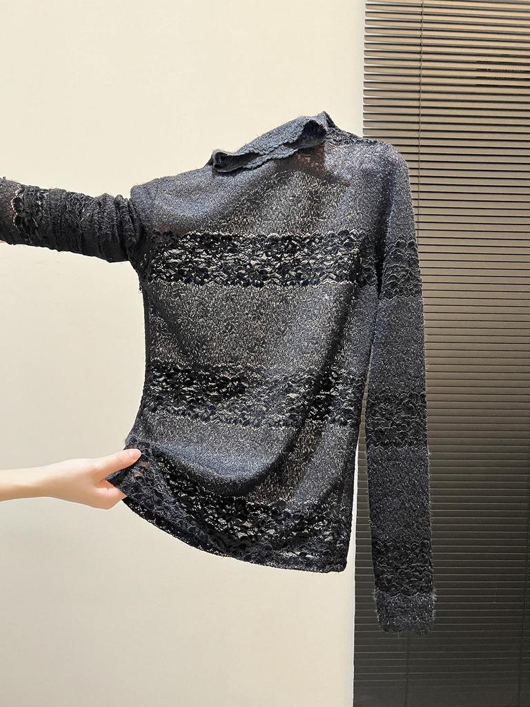 Gradient Lace High-Neck Long Sleeve Top - Chic Autumn/Winter Layering Cover-up