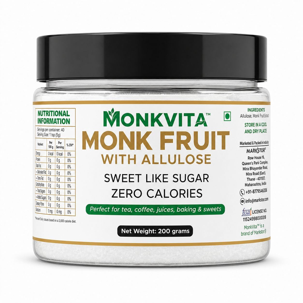MonkVita Monk Fruit Sweetener with Allulose, 200g | No Erythritol, Zero Sugar, 1:1 Sugar Replacement | Keto and Diabetic Friendly Natural Sweetener