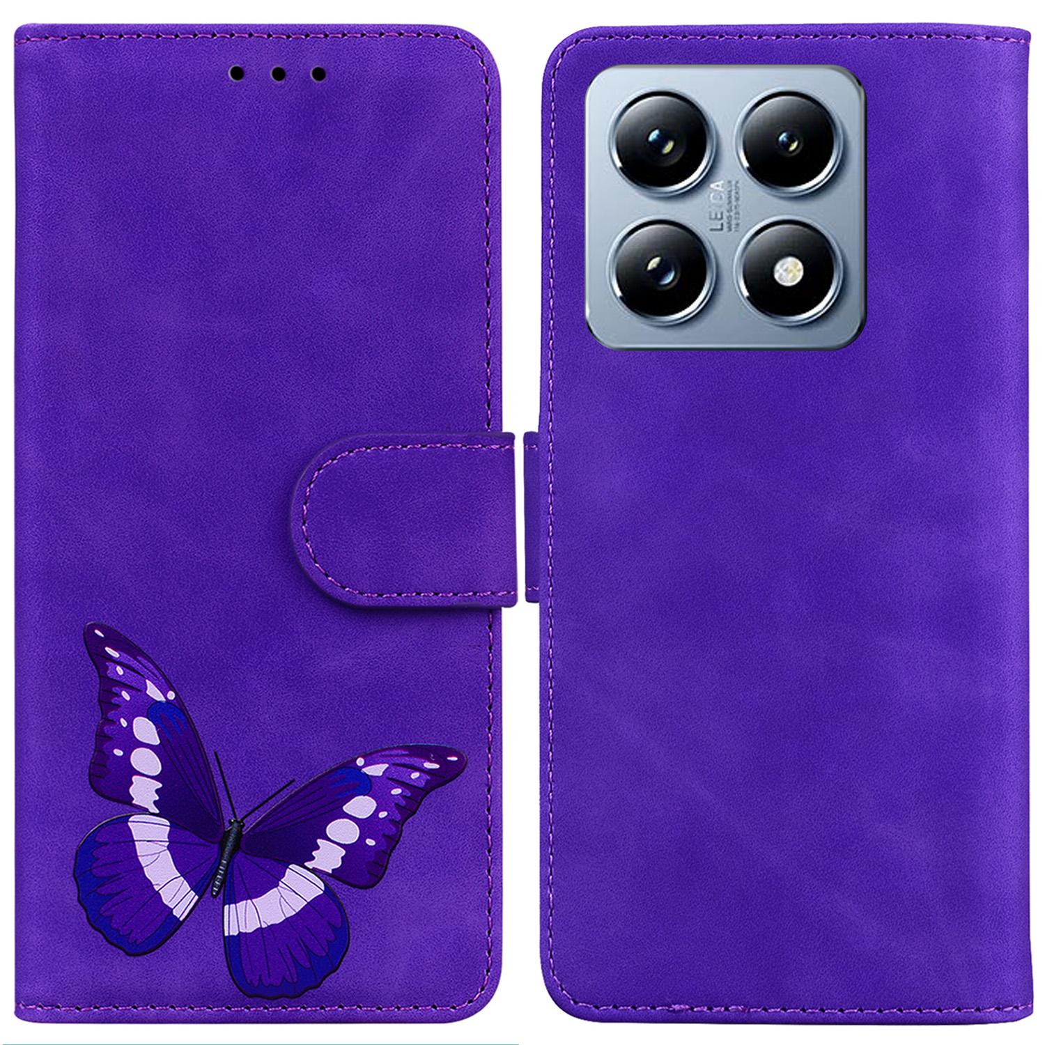 

For Xiaomi 14T Stand Case PU Leather Phone Cover Butterfly Printed Purple