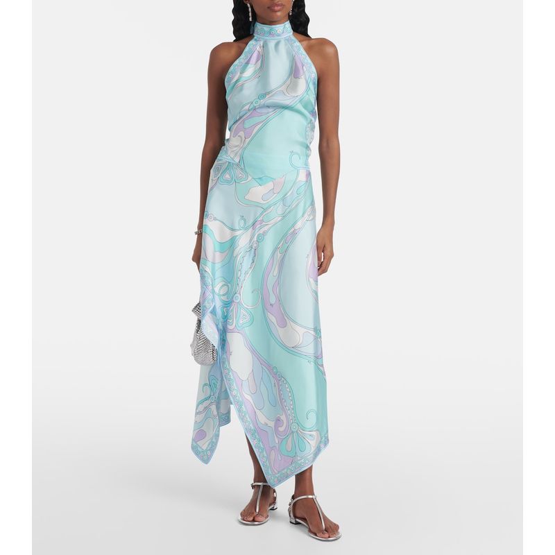 

New Print Satin Hanging Neck Backless Top Irregular Skirt Two-piece Suit Lake Blue S