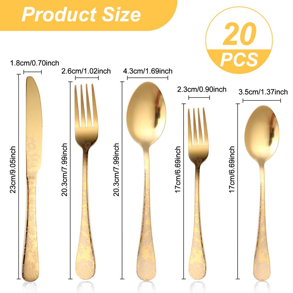 20 delig Bestekset Roestvrij Staal Diner Messen Lepels Vorken Set Bloemenpatroon Spiegelgepolijst Bestekset Vaatwasmachinebestendig
