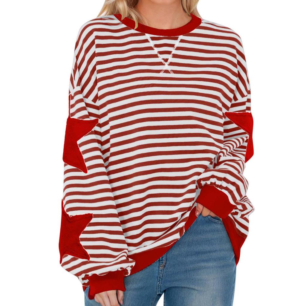 Women's Fashion Striped Star Print Round Neck Long Sleeved Pullover Color Blocked Pullover Sweatshirt Top