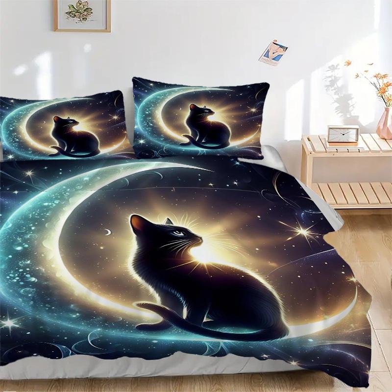 3pcs Anime Cat Moon Stars Bedding Set - Includes One Quilt Cover and Two Pillowcases (No Core) - Home Decor, Festival Gift, Polyester Fabric