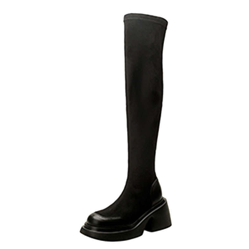 Black Suede Elastic Boots Women's Winter New Thick-soled Heel Over Knee Boots Skinny Boots Socks Boots Long Boots