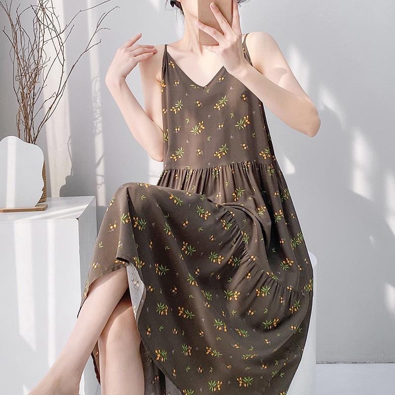 New Women's Cotton and Silk Nightgown Summer Thin Large Size Printing Sweet Floral Pajamas Sleeveless Outer Suspenders