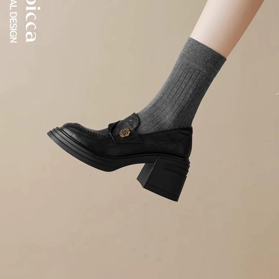 Cowhide Version~ British Style Camellia Platform High-heeled Loafers, Small Leather Shoes, Retro Thick-heeled Single Shoes for Women