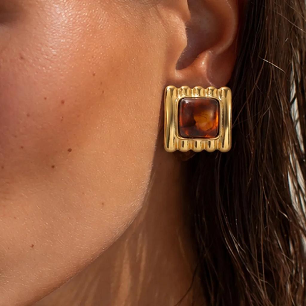 New 7 Colors Luxury Gold Plated Stainless Steel Stud Earrings for Women Vintage Acrylic Resin Square Earrings Boho Jewelry