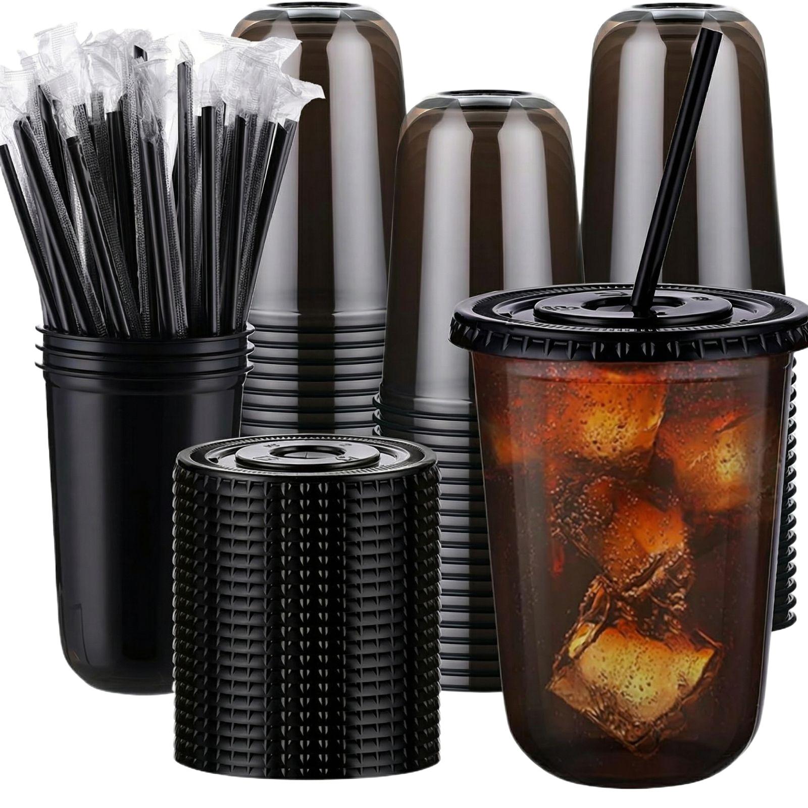 50 Sets Of 16 Ounce Plastic Cups With Lids And Straws, Disposable Black Transparent Iced Coffee Cups With Lids