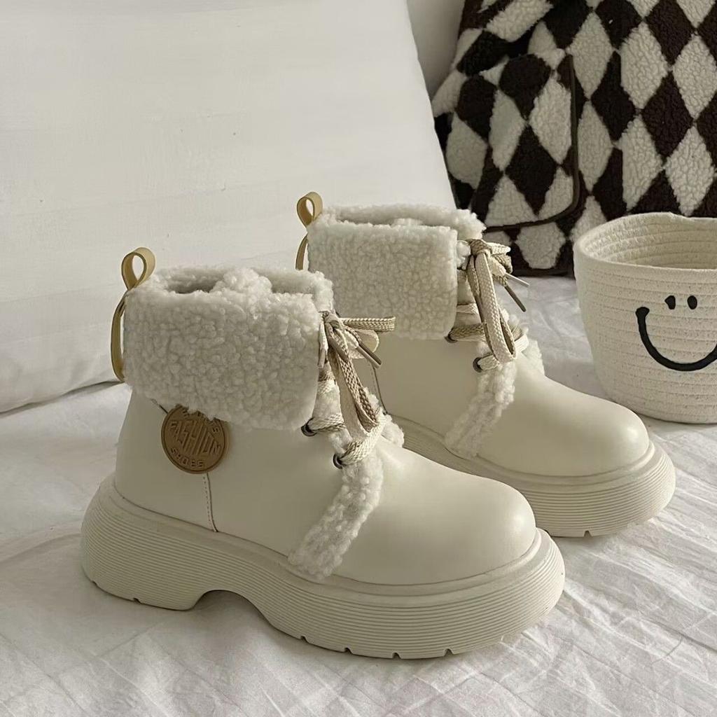 Snow Boots Women's Winter 2025 New College Style Small Leather Shoes Velvet Martin Boots Thick-soled Warm Big Head Ugly Cute Cotton Shoes