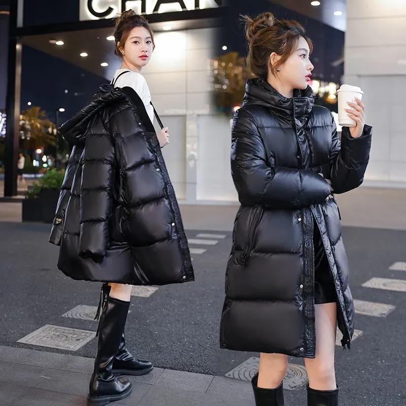 Casaco Grosso de Inverno com Penas Jaqueta Puffer Longa Quente e Fofa Feminina Parkas Casaco de Moda Feminina com Capuz