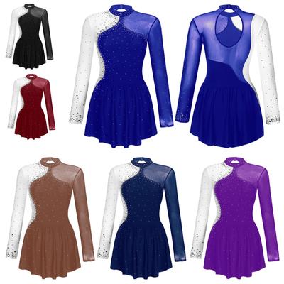Bayan Sparkly Rhinestone Artistik Patinaj Dans Elbise Sırf Örgü Patchwork Uzun Kollu Balo Salonu Dans Elbiseleri