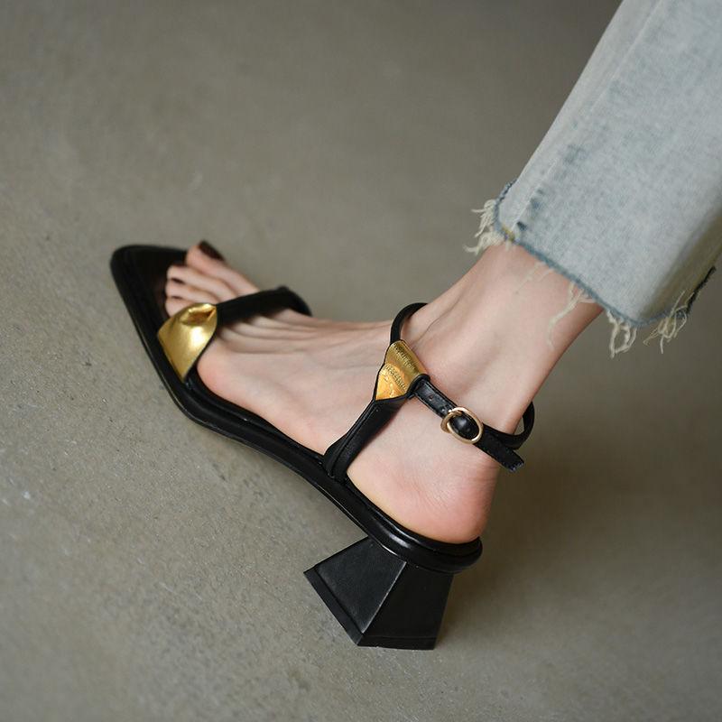 Ladies Shoes Open Toe Summer 2024 Square Heels Sandals for Women Office Work Medium Footwear One Word Daily Sale Designer F Shoe