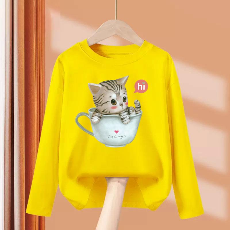Kid Long Sleeves T-Shirt Fashionable Creativity Cartoon Kitty Cute Cat Print Autumn Casual Sports Versatile Comfortable Loose T-Shirt