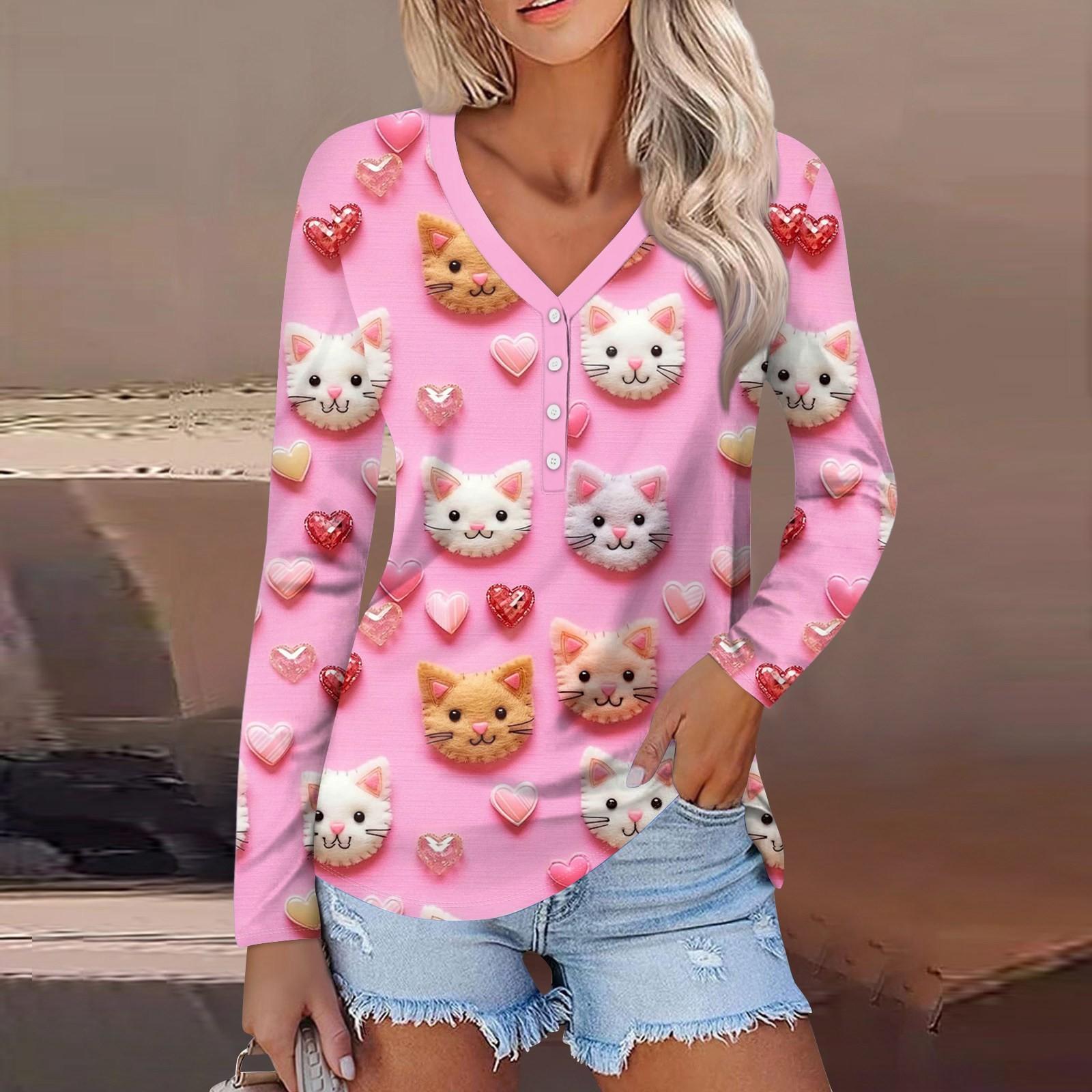 

Женский модный повседневный топ с длинным рукавом и V-образным вырезом на пуговицах ко Дню святого Валентина с принтом в виде сердца XL розовый