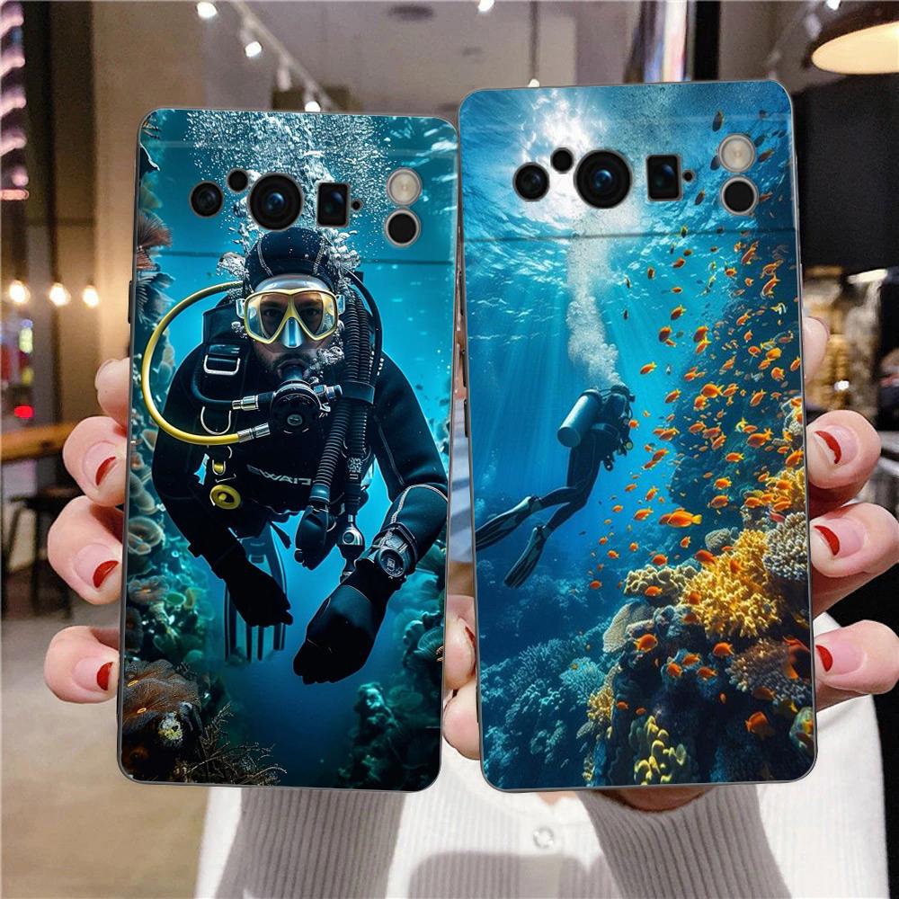 Diver Diving Phone Case For Google Pixel 9 8 7 6 Pro XL 8A 6A 7A 5G Soft Shockproof TPU Black Cover