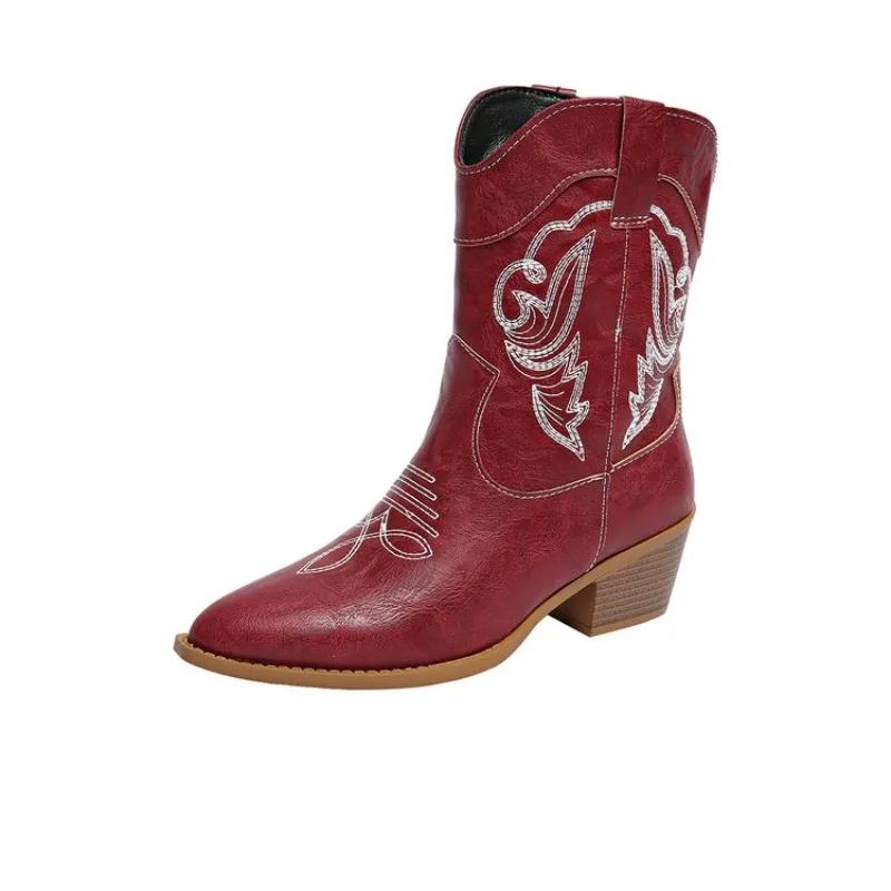Fashion Women's Spring and Autumn New Pointed Toe Embroidered Sleeve Square Heel Mid-Tube Knight Boots Plus Size Western Short Botas
