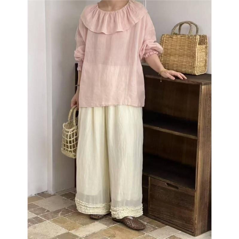 Johnature Lace Women Straight Leg Pants Vintage Solid Color Loose Casual Mori Elastic Waist Women Pants