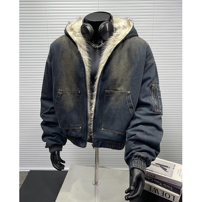 Giacca di jeans con cappuccio da uomo stile retrò americano - Cappotto invernale spesso, caldo, foderato in velluto con sensazione di alta gamma