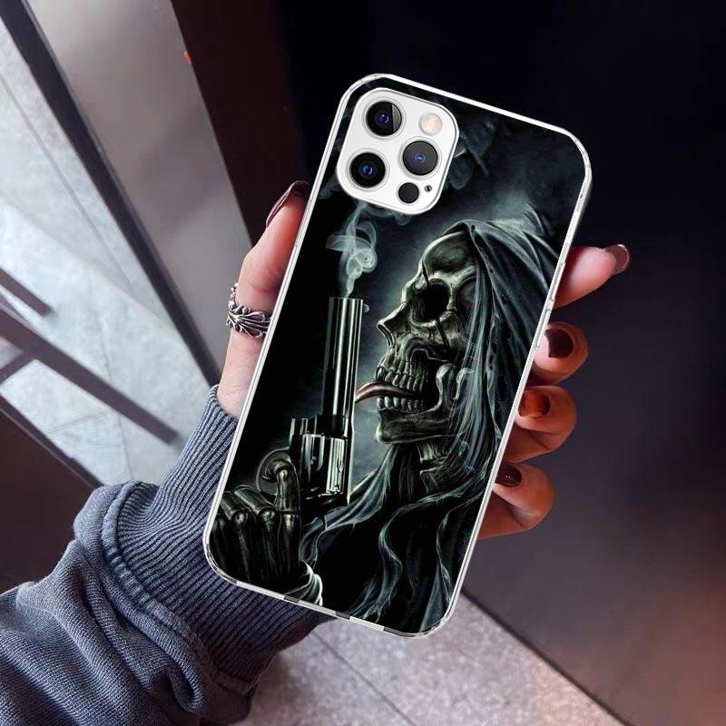 Reaper Skull Skeleton Gun Phone Case For iPhone 17 Air 11 13 Mini 14 15 Plus 16 12 Pro Max 16E SE 7 8 Pattern Soft TPU Back Cove