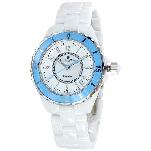Salvatore Marra Men's and Women's Black and White Ceramic Bracelet Watch No. 3 with White and Blue Arabic Numerals