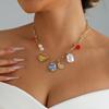 Retro Temperament Baroque Pearl Chili Heart Sun Enamel Pendant Choker Multi‑Charm Paperclip Link Necklace for Women Jewelry Gift