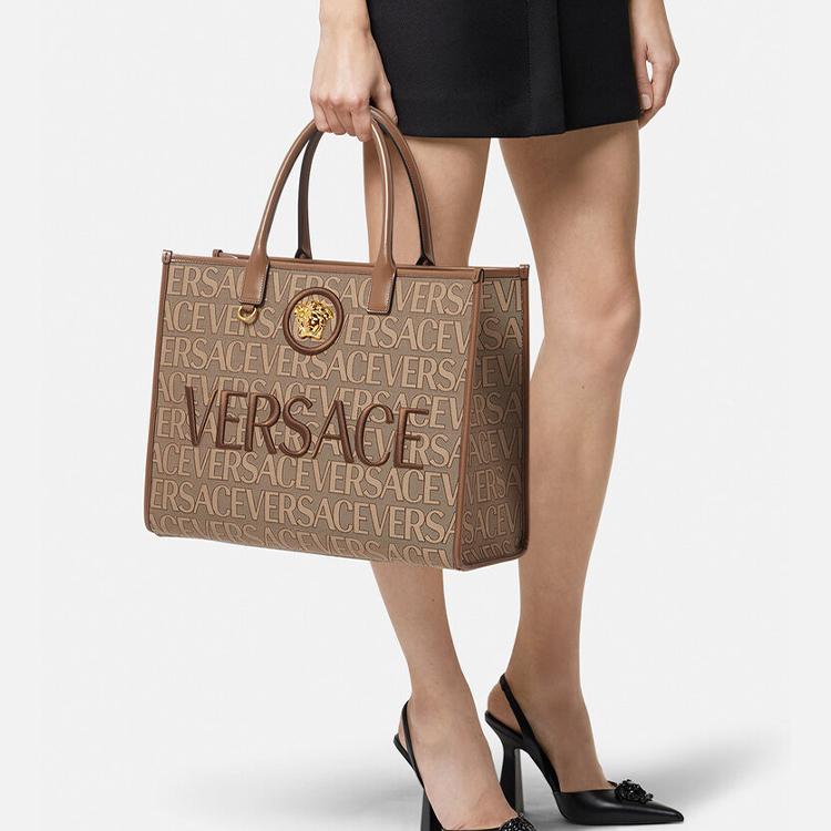 Versace Letter Embroidery Logo Medusa Classic Monogram Snap Button Tote Bag Women tote bags Brown 1004741-1A08199-2N24V