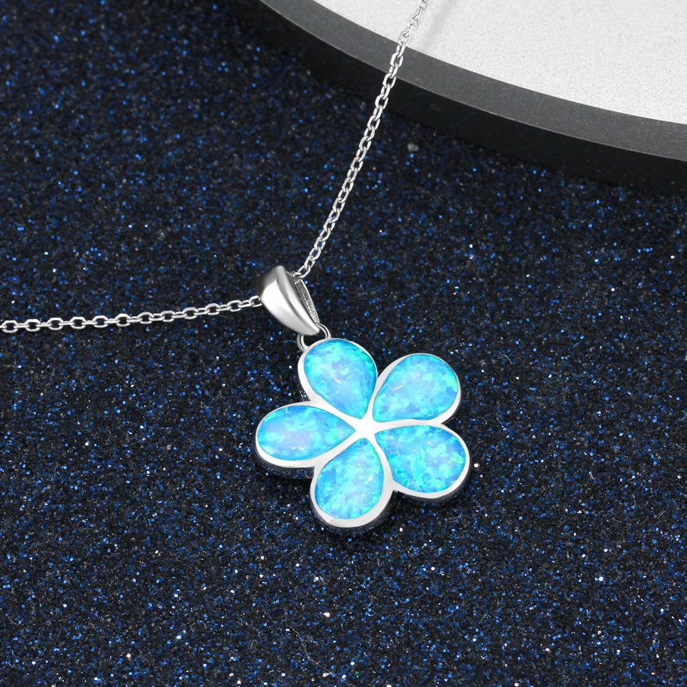 Boho Fashion Flower Pendant Necklace for Women Girl Charm Blue Imitation Opal Necklace Trendy Wedding Party Jewelry