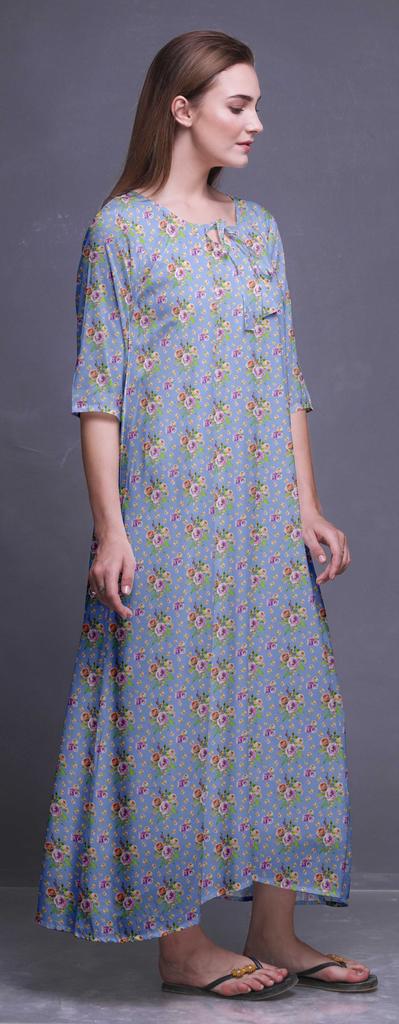 Bimba Dark Rose Brown Floral Leaves & Camellia Kanjiro Printed Nightgowns Maxi Sleepwear For Women Long Sleep Dress